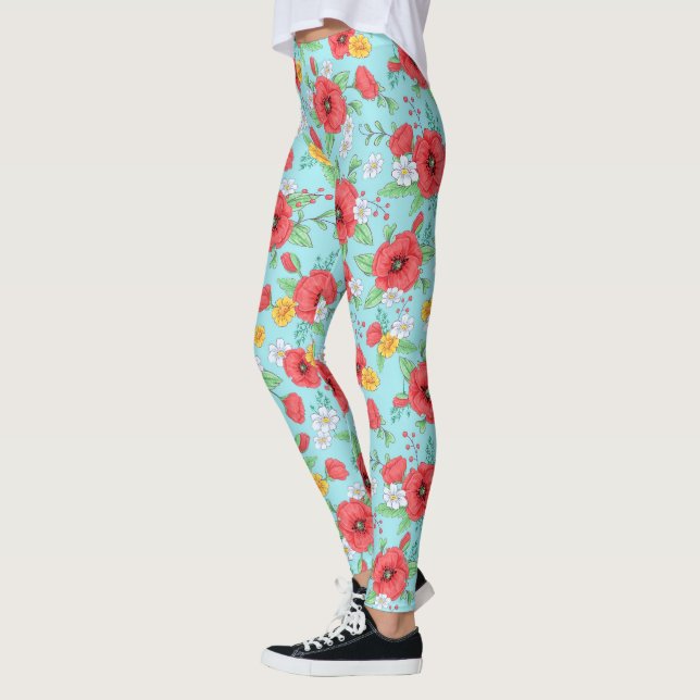 Legging Papagaios vermelhos e margaridas padrão floral mod (Esquerda)