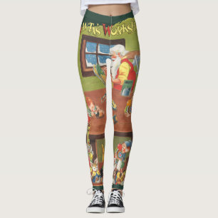 Legging Papai Noel de Natal Vintage com Elfos na Oficina