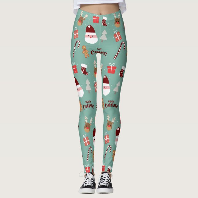 Legging Papais noeis Bonitos Reindeer Candy Cane Gingerpão (Frente)