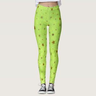 Legging Papel verde abstrato com estrelas cintilantes dour