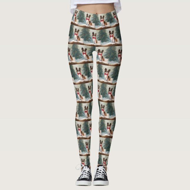 Legging Papillon Dog no Natal da Neve (Frente)