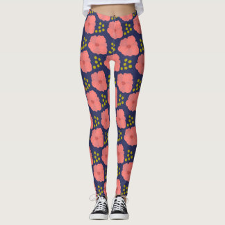 Legging Papoila cor-de-rosa floresce no marinho com sotaqu