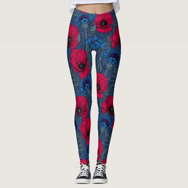 Legging Papoilas vermelhas e flores azuis em azul (Frente)