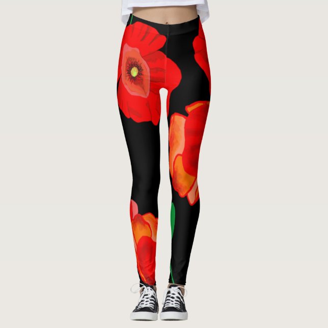 Legging Papoilas vermelhas na ilustração de fundo preto (Frente)