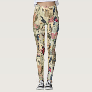 Legging Pássaro Borboleta Jornal Floral Botânico Vintage