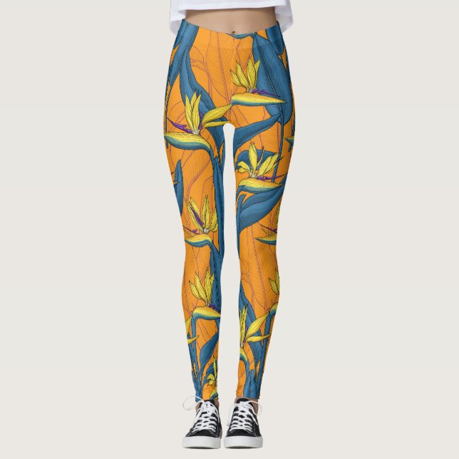 Legging Pássaro das flores do paraíso em laranja (Frente)