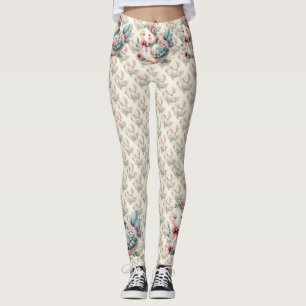 Legging Pássaro Folclórico Floral com Charme Boho Pastel