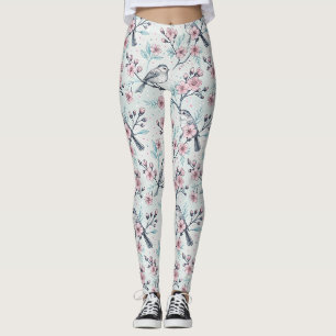 Legging Pássaros Azul-turquesa Elegantes Flores de Cerejei