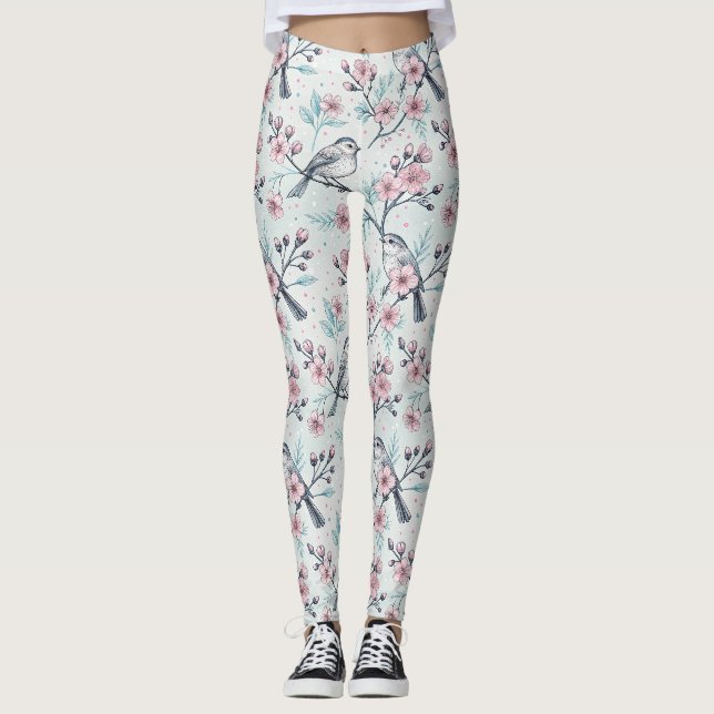 Legging Pássaros Azul-turquesa Elegantes Flores de Cerejei (Frente)