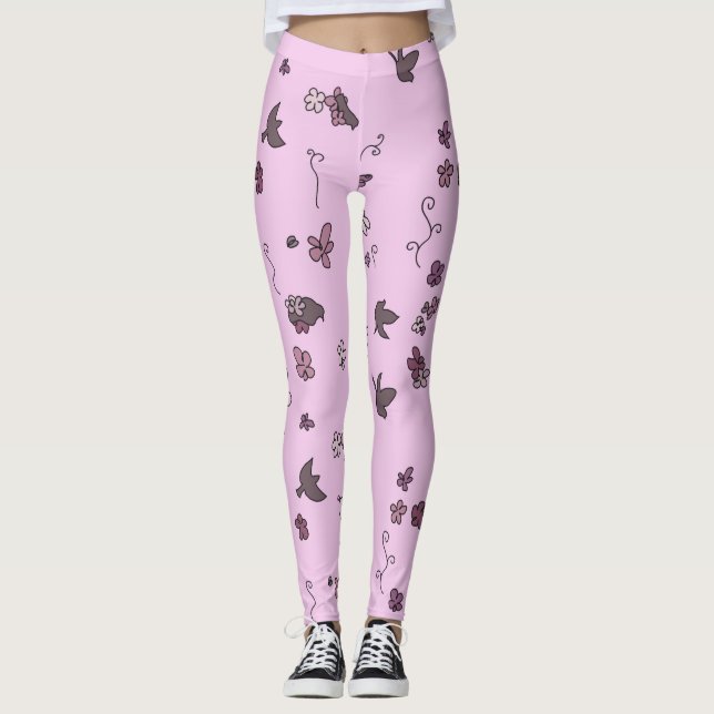Legging Pássaros castanhos flores rosa (Frente)