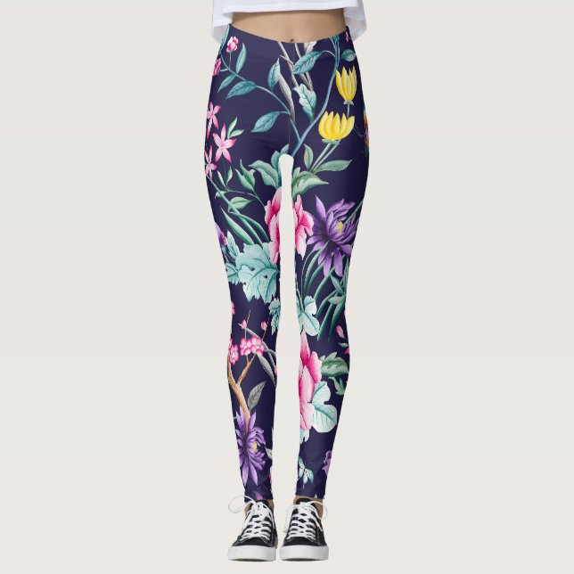 Legging Pássaros chineses e flores leggem azul-meia-noite (Frente)