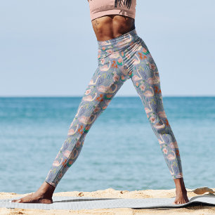 Legging Pássaros Cisne Padrão Botânico Floral Azul