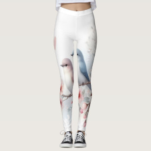 Legging Pássaros de Amor Romântico Ramo de Flor de Cerejei