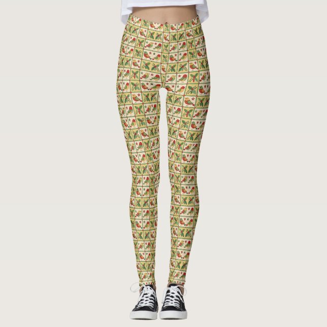 Legging Pássaros de Natal e Folhas de Azevinho em Arte Pop (Frente)
