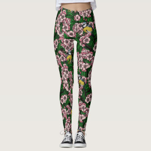 Legging Pássaros de pele azul na cerejeira florescente na 
