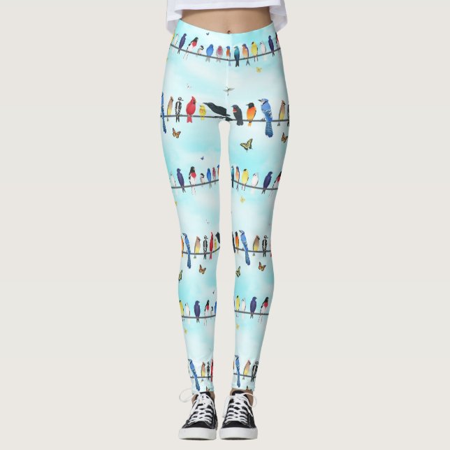 Legging pássaros do quintal numa linha com borboletas (Frente)