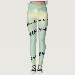 Legging Pássaros em fios, céu azul antigo.