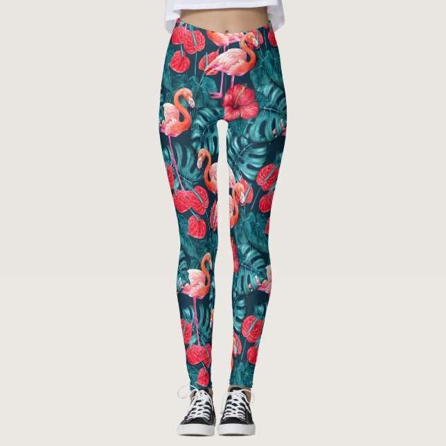 Legging Pássaros Flamingo e aquarela de jardim tropical (Frente)