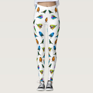Legging pássaros Multi-coloridos nas caneleiras brancas
