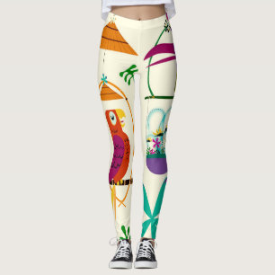 Legging Pássaros Tiki Vintage Retro Arte Tropical Luau Per