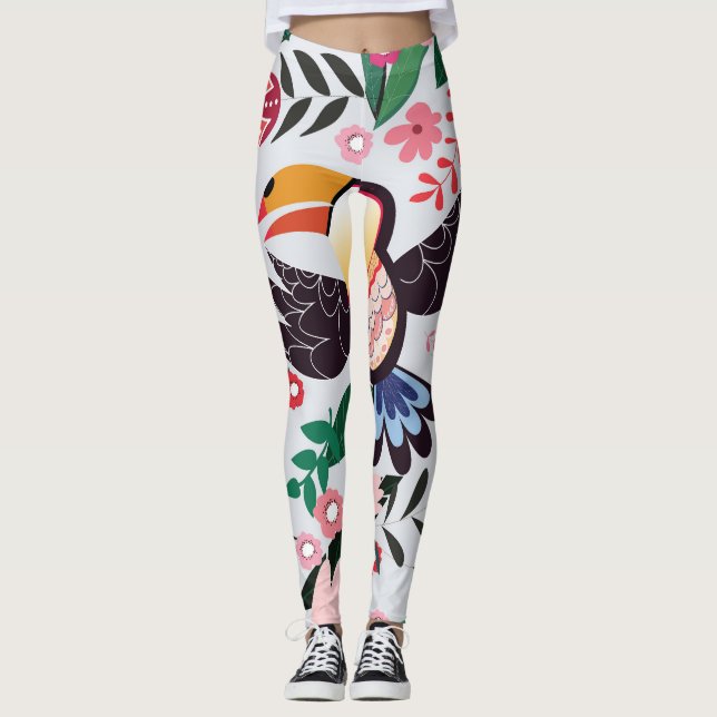 Legging Pássaros tropicais, padrão de rabiscos florais. (Frente)