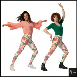 Legging Pastel Coral Retro Floral Daisy Backdrop