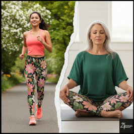 Legging Pastel Coral Retro Floral Daisy Backdrop - black