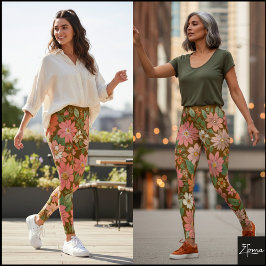 Legging Pastel Coral Retro Floral Daisy Backdrop - Brown