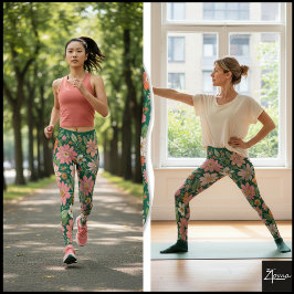 Legging Pastel Coral Retro Floral Daisy Backdrop - green