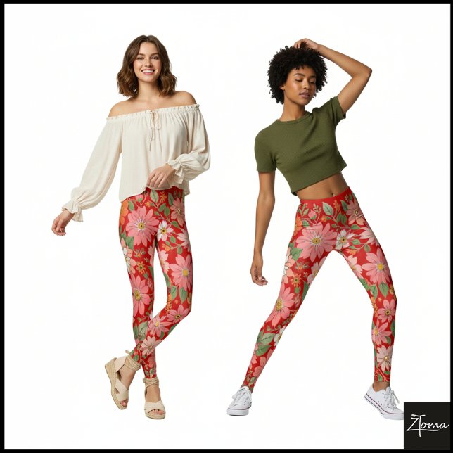 Legging Pastel Coral Retro Floral Daisy Backdrop - Red (Criador carregado)