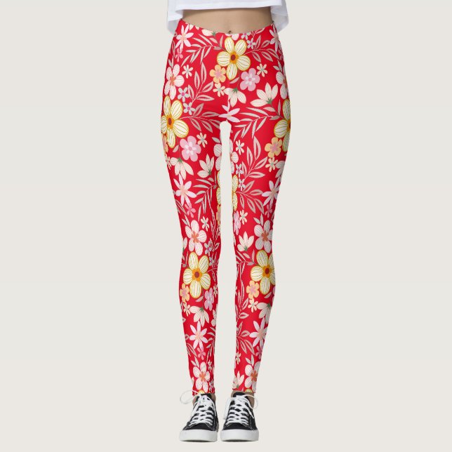 Legging Pastel Floral padrão C03.bw Vermelho BG (Frente)