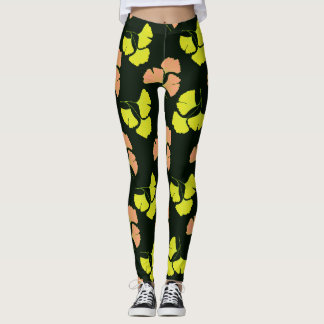 Legging Pastel-Neon Ginko Leaves on Black Background