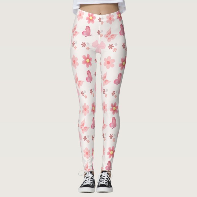 Legging Pastel Pink Floral & Butterfly Pattern (Frente)