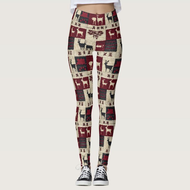 Legging Patches Rustic Cross-Stitch | Folk Holiday Motif (Frente)