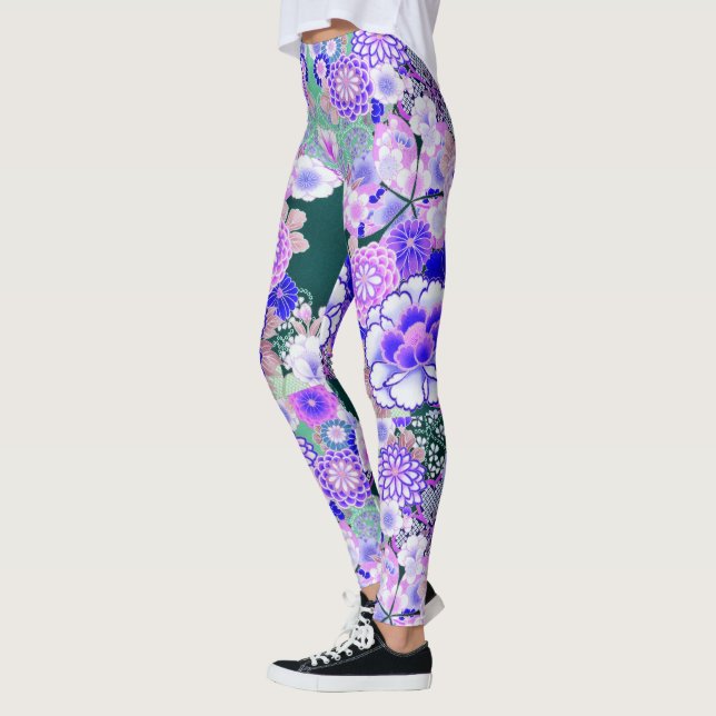 Legging PÊMICA BRANCA AZUL, FLORES Japoneses Rosas (Esquerda)
