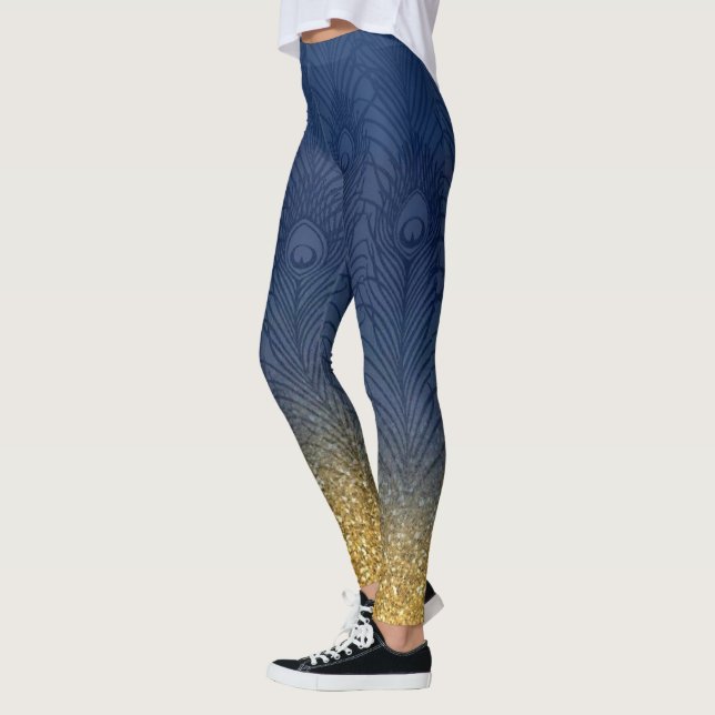 Legging Pena Dourado do pavão do brilho do azul de índigo (Esquerda)