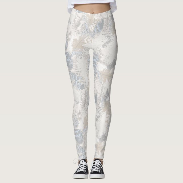 Legging Penas, cinzas, beges e azuis, aves, luz, (Frente)