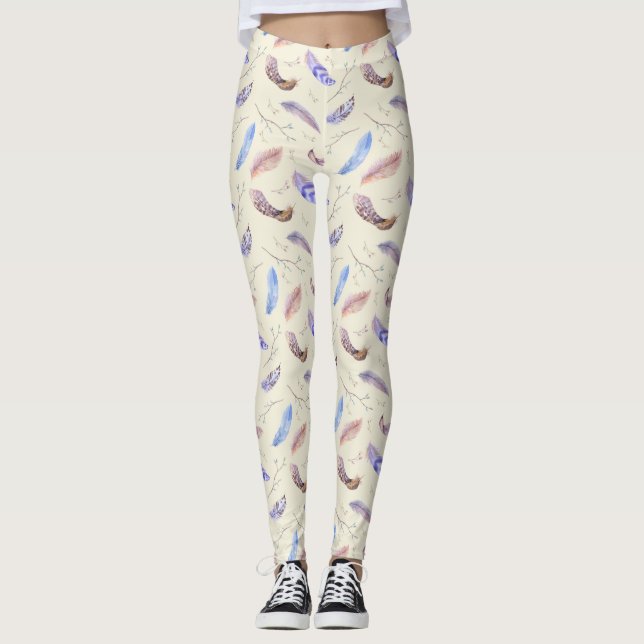 Legging Penas de Aquarela Folhas e Ramais Padrão (Frente)