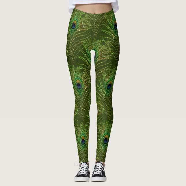 Legging Penas de Pavão Pavões Verde Dourado Brilho (Frente)