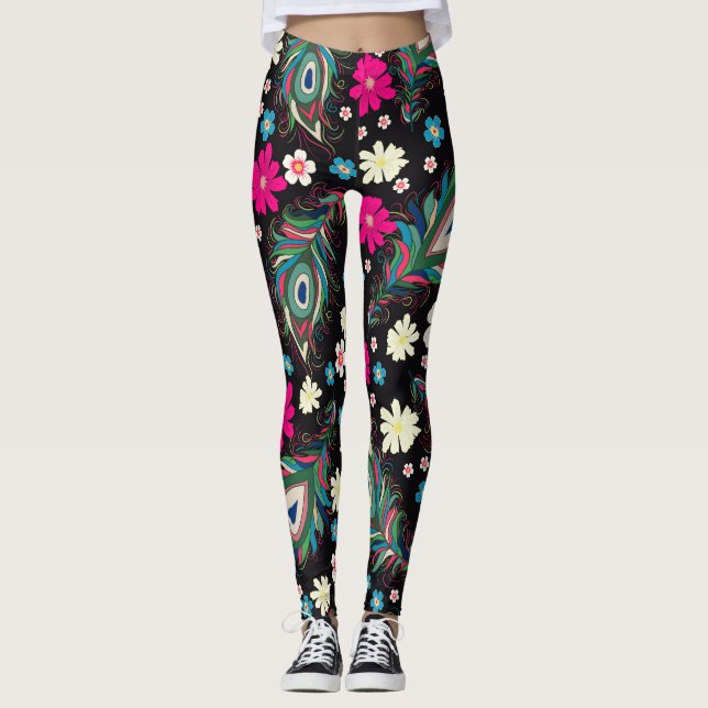 Legging Penas de Peacock Embroiderme Sem Costura Padrão (Frente)