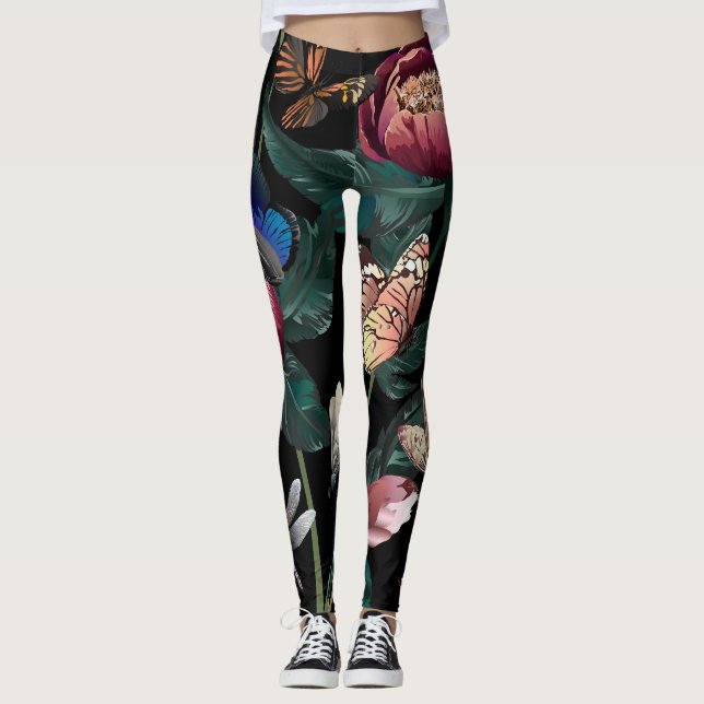 Legging Peônias coloridas: grande padrão floral. (Frente)