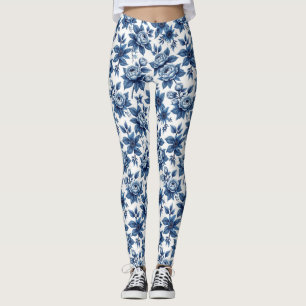Legging Pêonias Vintage de Padrão Floral Azul Elegante