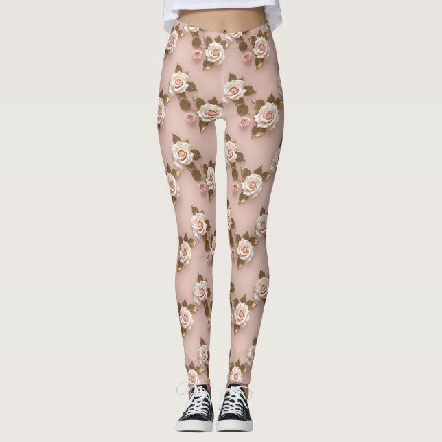 Legging Pequenas Rosas em Tons de Marfim e Dourado (Frente)