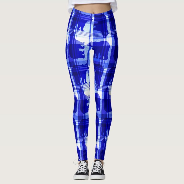 Legging Pernas azuis de padrão de urso xadrez (Frente)