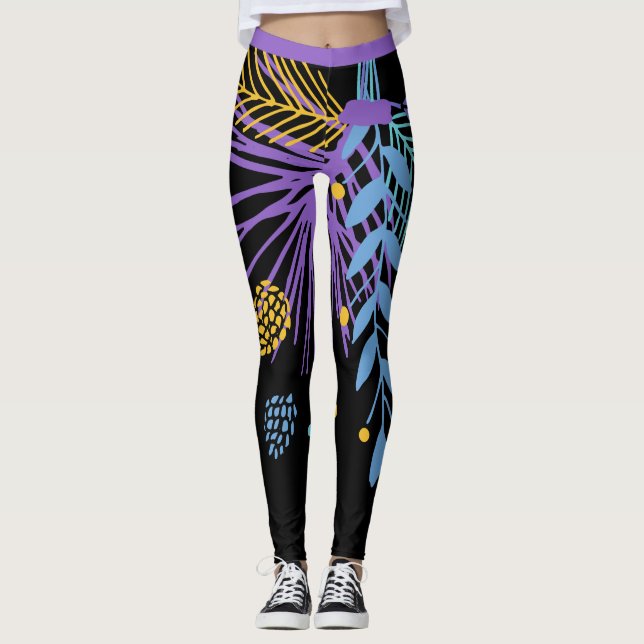 Legging Pernas Botânicas Amarelas Grandes e Púrpuras (Frente)