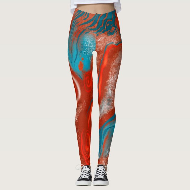 Legging Pernas de abstrato de turquesa e de incêndio (Frente)