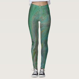 Legging Pernas de Abstrato verde escura e fluido do jade 3