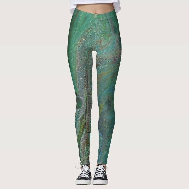 Legging Pernas de Abstrato verde escura e fluido do jade 3 (Frente)
