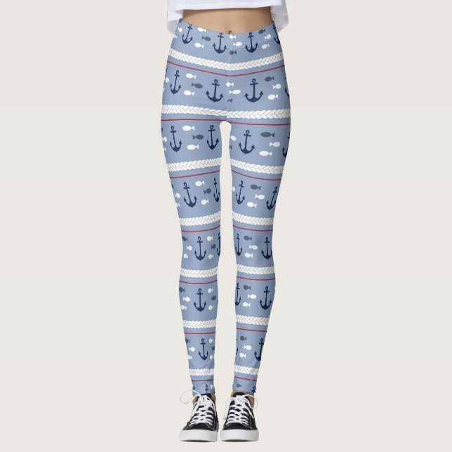 Legging Pernas de Âncoras Náuticas Azul e Branco (Frente)