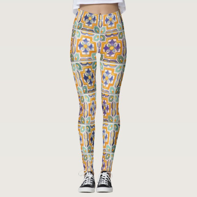 Legging Pernas de Azulejo laranja-verde-azul (Frente)